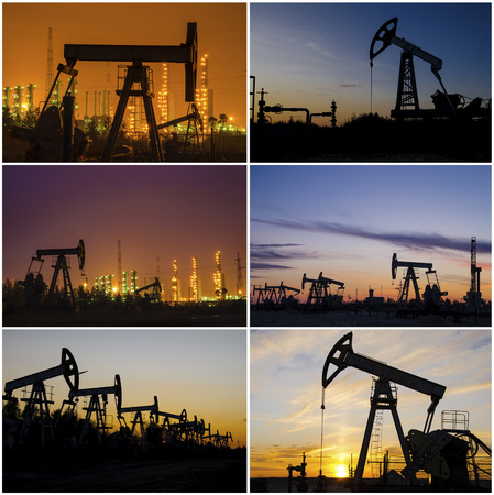 Oil rig, derrick, wellhead, refinery during sunset in the oilfield. Collage. Oil and gas concept.の写真素材