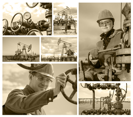 Collage consisting of pictures of oil rig, wellhead, man engineer near wellhead valve, woman engineer repairing wellhead. Oil and gas concept. Toned.の写真素材