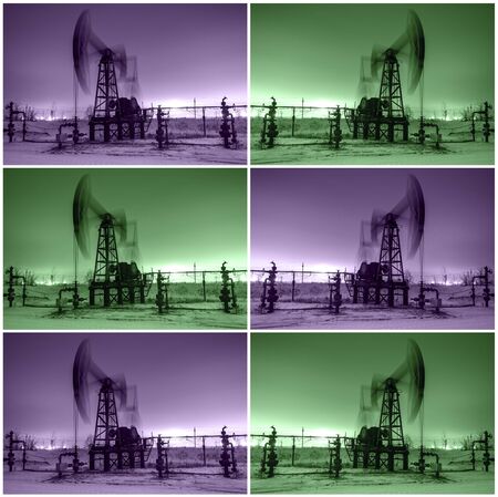 Working oil pump jack at night time. Oilfield during winter. Refinery lights background. Collage. Oil and gas concept. Toned.の写真素材