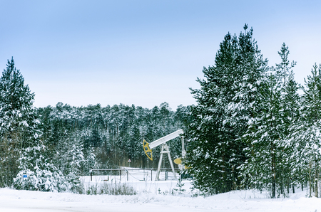 Pump jack in the oilfield situated in the beautiful winter forest. Environmental pollution. Oil and gas concept.の写真素材