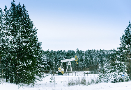 Pump jack in the oilfield situated in the beautiful winter forest. Environmental pollution. Oil and gas concept.の写真素材