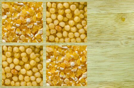 Collage consisting of millet and polenta. Food background. Healthy lifestyle concept. Yellow pattern. Closeup macro shot.の写真素材
