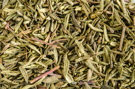 Dry leaves of thyme. Food background. Closeup macro shot. Top view.の写真素材