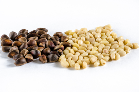 Pile of pine nuts isolated on white background.の写真素材