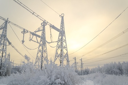 High voltage power lines in the winter.の写真素材