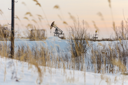 Pump jack, wellhead and pipeline during sunset in the oilfield. Winter period. Oil and gas concept. Blurred grass foreground. の写真素材