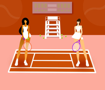 Two tennis Players at the court ready for the match compettition, Sportwoman preparing for professional game. A healthy hobby for good life.のイラスト素材