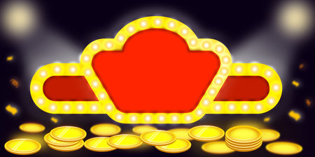 Golden movie signboard light box banner. Presentation for display selling product and money business. Gold coins lucky jackpot concept casino prize and cinema and theatre advertiseのイラスト素材