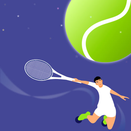 Tennis illustration design. Male tennis player holding big racket ready to hit the giant moon ball. Top view of sport man wearing white practicing for a healthy life and champion.のイラスト素材