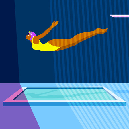 Diving sport. Girl jumping and swimming. Woman in yellow wet suit flying over the pool with light and shadow.のイラスト素材