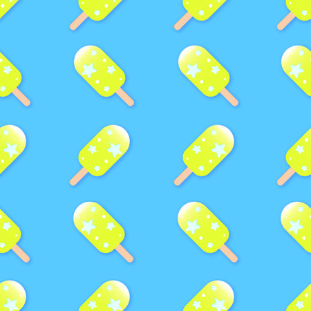 Green Ice cream seamless repeats pattern on blue background. summer dessert food, cold with wooden...