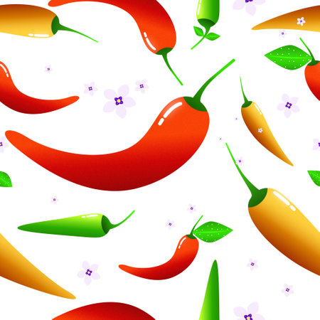pepper chili vegetable, hot and spicy, organic red, yellow and green food, ripe and fresh ingredient for cooking and seasoning on white background,  seamless repeat pattern.のイラスト素材