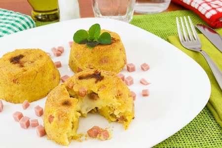 trio of potato pancakes stuffed with mozzarellaの写真素材