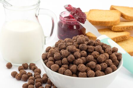 milk and chocolate cereal, breakfast の写真素材