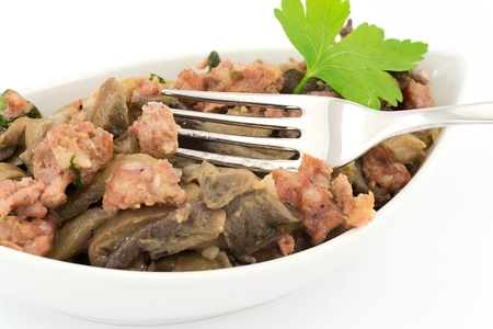 Mushrooms and sausage の写真素材