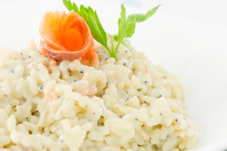 rice with salmon and caviar の写真素材