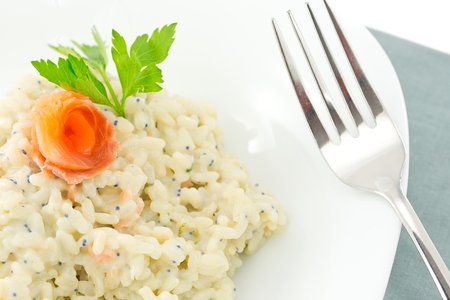 rice with salmon and caviar の写真素材
