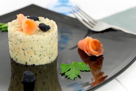 rice with salmon and caviar の写真素材