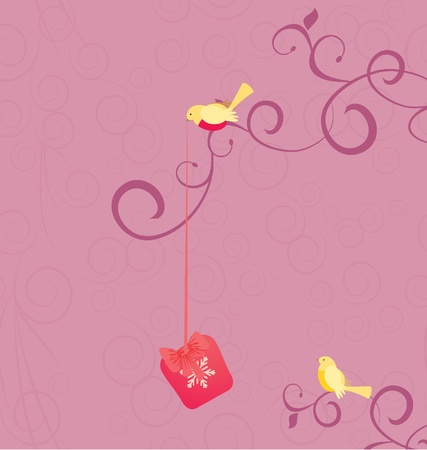  cartoon birds with christmas gift on pink flourishes background illustrationのイラスト素材