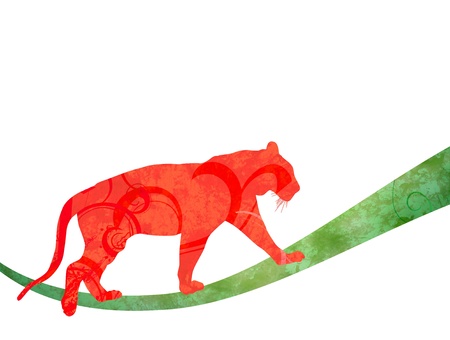 red watercolor jungle cat  panther or tiger  silhouette illustration  isolated on white