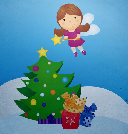 christmas tree and fairy vintage cartoonの写真素材
