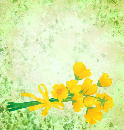 yellow flowers with ribbon on grunge green watercolor backgroundの写真素材