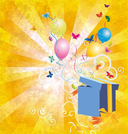 yellow light grunge backgroynd with gift box, butterflies and baloonsの写真素材