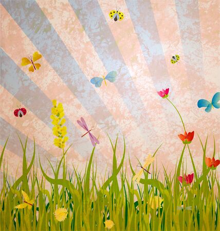 grunge old ctyle meadow with green grass flowers and butterfliesの写真素材