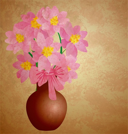 pink flowers in vase grunge illustration vintage styleの写真素材