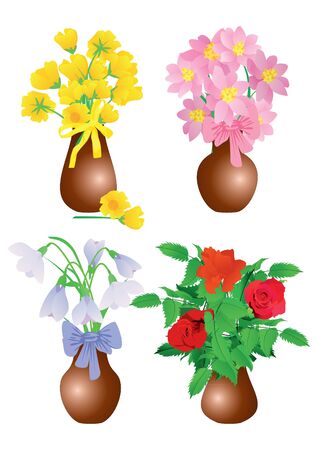 vector flowers in vase set isolated on whiteの写真素材