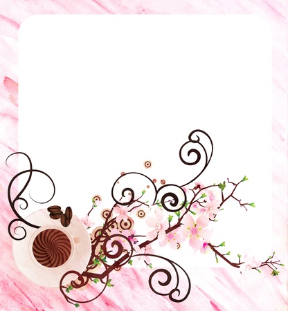 coffee cup and pink flowers CG watercolor pink illustrationの写真素材