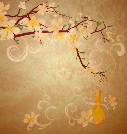 yellow blossoming tree and fragrance vintage style illustrationの写真素材