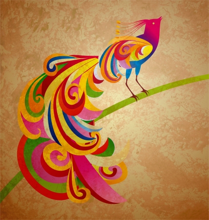 grunge illustration of decorative peacock (peafowl) bird sitting on the brunchの写真素材