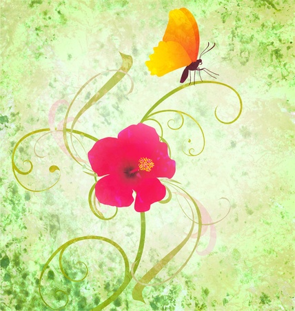 green textured background with flower and butterflyの写真素材