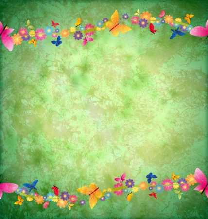 green textured background with flowers borderの写真素材