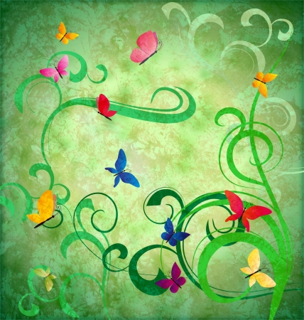 green grunge idea background with flourishes and butterflies easter or summertime themeの写真素材