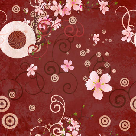 coffee cup, blooming tree branches: spring coffee brown backgroundの写真素材