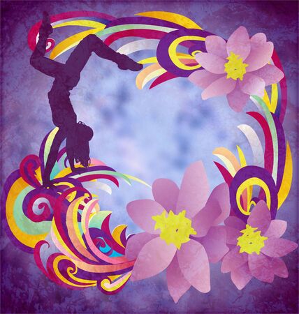 dancing woman silhuette with color stripes and flowers on blue grunge backgroundの写真素材