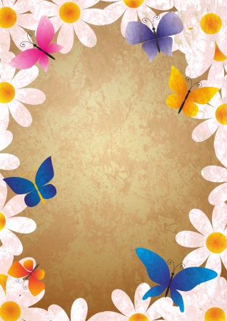 flowers and butterflies grunge style spring background vintage paperの写真素材