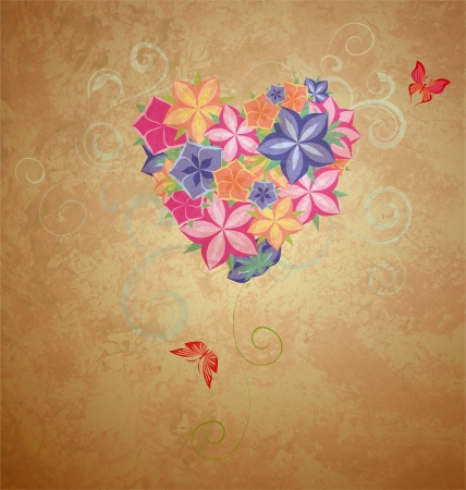 colorful flowers heart with butterflies on brown grunge backgroundの写真素材