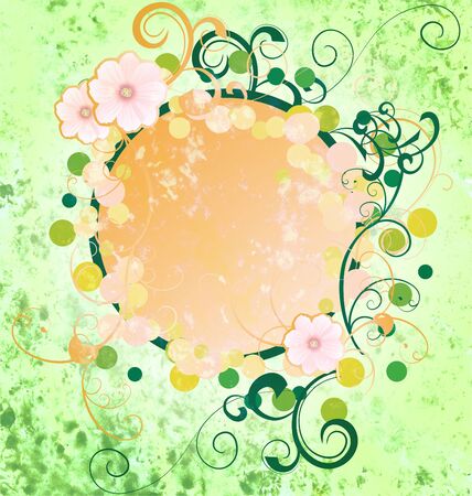 grunge green spring frame with cosmos flowers and flourishes holidays ideaの写真素材