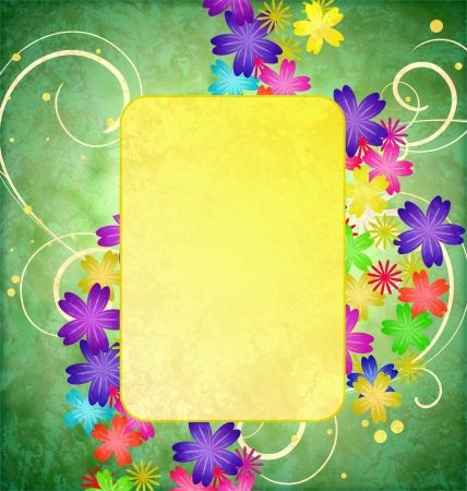 colorful flowers flourishes frame on green grunge background vintage style illustrationの写真素材