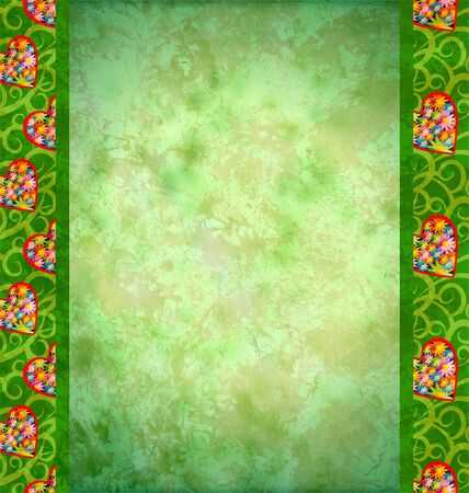 grunge green background with flowers hearts bordersの写真素材