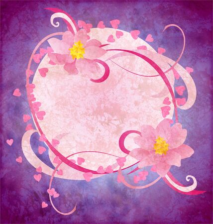 grunge pink flowers on purple background paperの写真素材
