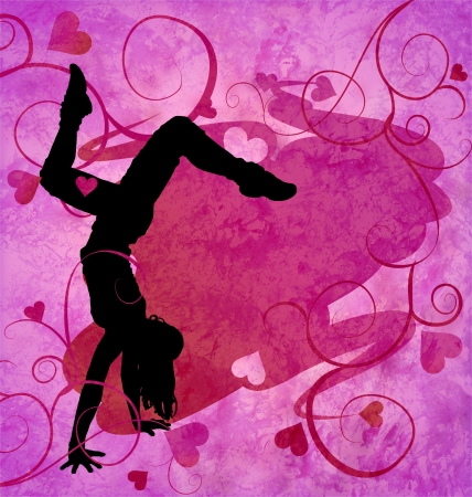 modern urban dancing woman on the grunge pink hearts backgroundの写真素材