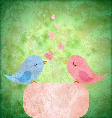 blue and pink birds in love on grunge retro paper backgroundの写真素材