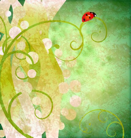 green watercolor grunge background with red ladybirdの写真素材