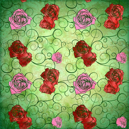 red roses vintage style green pattern with grunge effectの写真素材