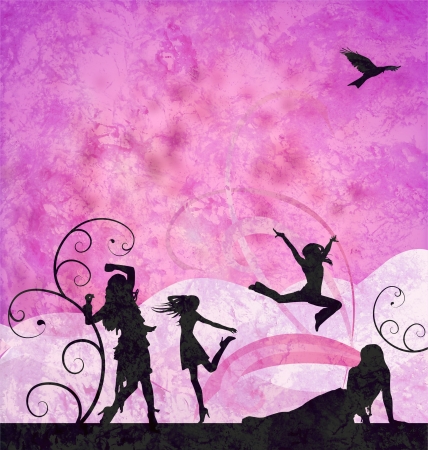 fashion girls silhouettes on grunge pink and violet backgroundの写真素材