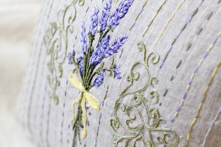 Provence style embroidery pillow with lavender illustrationの写真素材